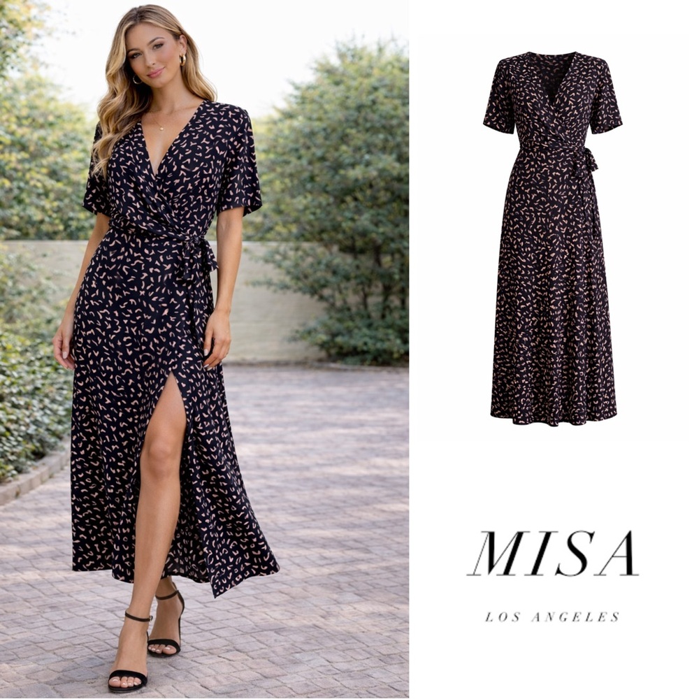NEW Misa Los Angeles Andrea Resort Pedals Dark Blue Patterned Midi Dress